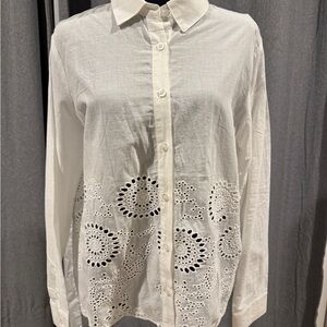 NWT- Francesca’s White Button-Up Shirt with Eyelet Design -Size M
